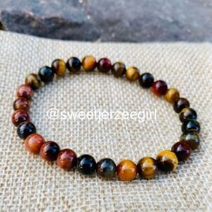 Mixed Multicolored Tiger’s Eye Gemstone Bead Stretch Bracelet 6mm Small Stone